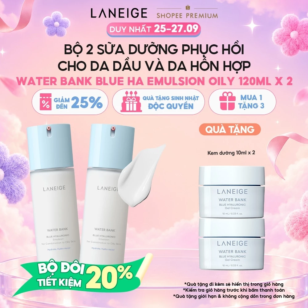 Bộ 2 Sữa Dưỡng Phục Hồi Và Cân Bằng Độ Ẩm Chuyên Sâu Laneige Water Bank Blue HA Emulsion Oily 120ml x 2