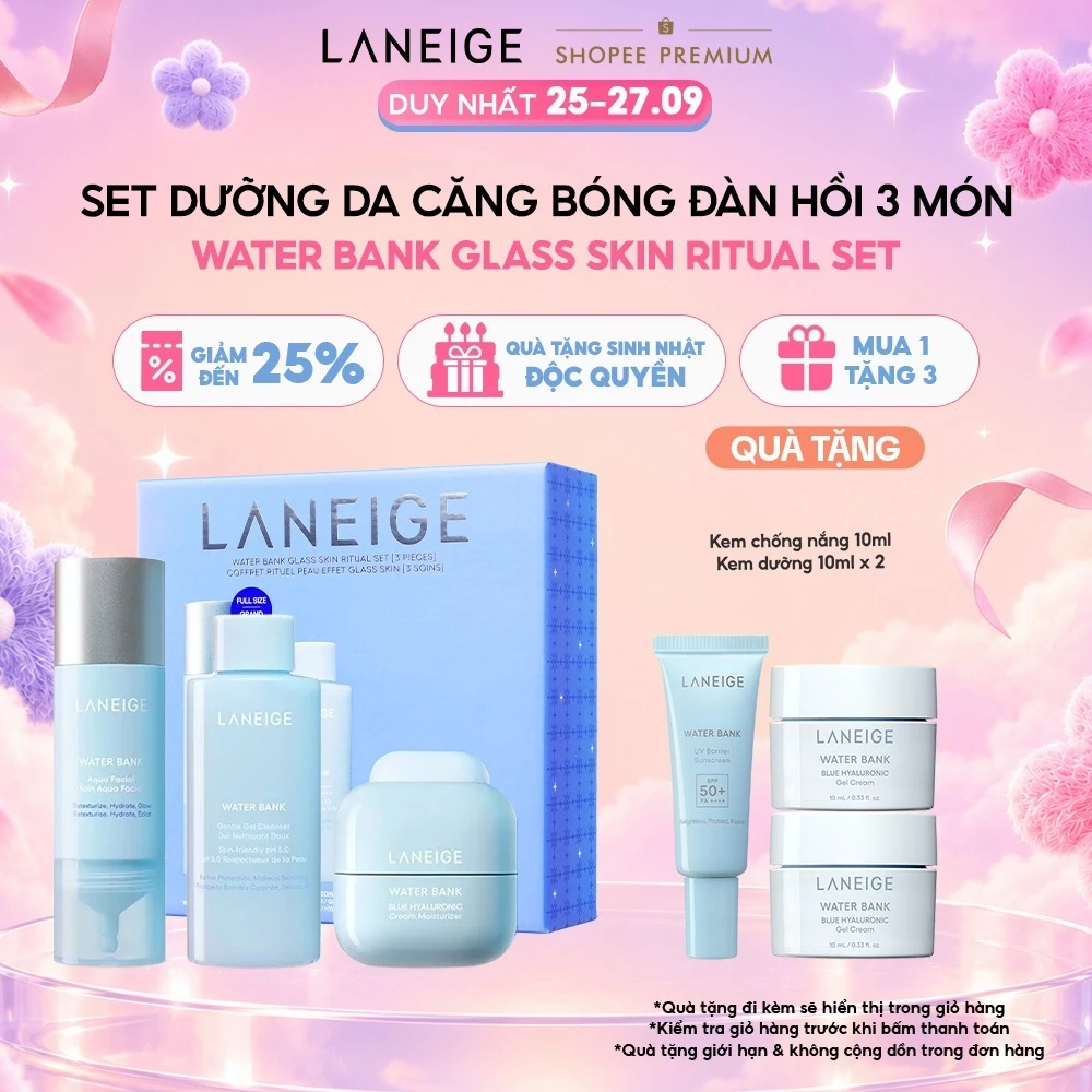 Set dưỡng da căng bóng đàn hồi 3 món Water Bank Glass Skin Ritual Set