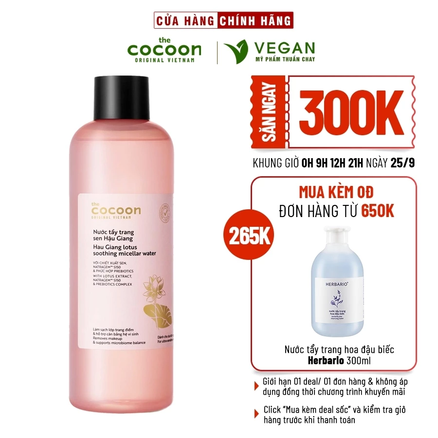 Bigsize Nước tẩy trang Sen Hậu Giang Cocoon tẩy sạch makeup & cấp ẩm 500ml Vegan - thuần chay