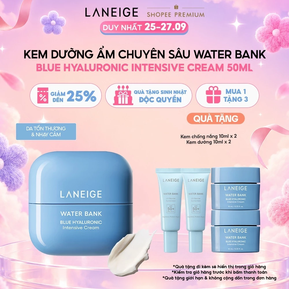 Kem Dưỡng Ẩm Phục Hồi & Tái Tạo Da Tổn Thương Laneige Water Bank Blue Hyaluronic Intensive Cream 50ml (Da Khô)