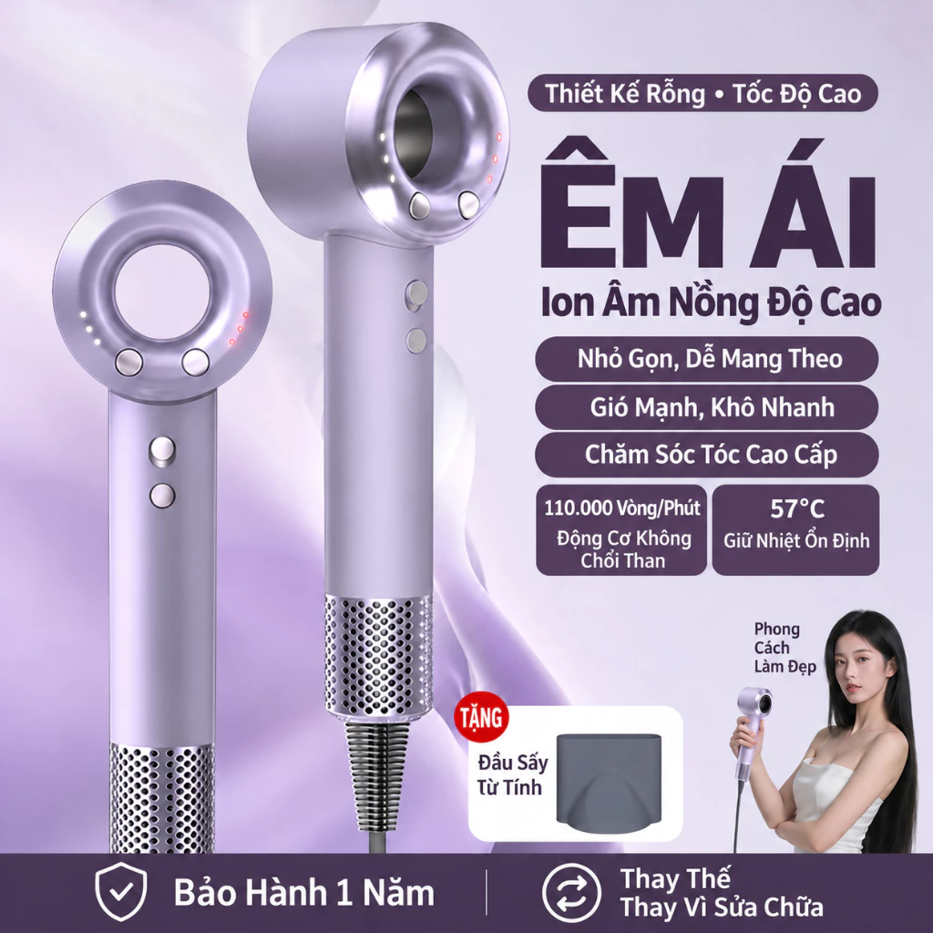 Máy Sấy Tóc Ion Âm Tốc Độ Cao 2000W, 3 Tốc Độ Gió, Sấy Nóng Lạnh, Kèm Đầu Sấy Từ Tính