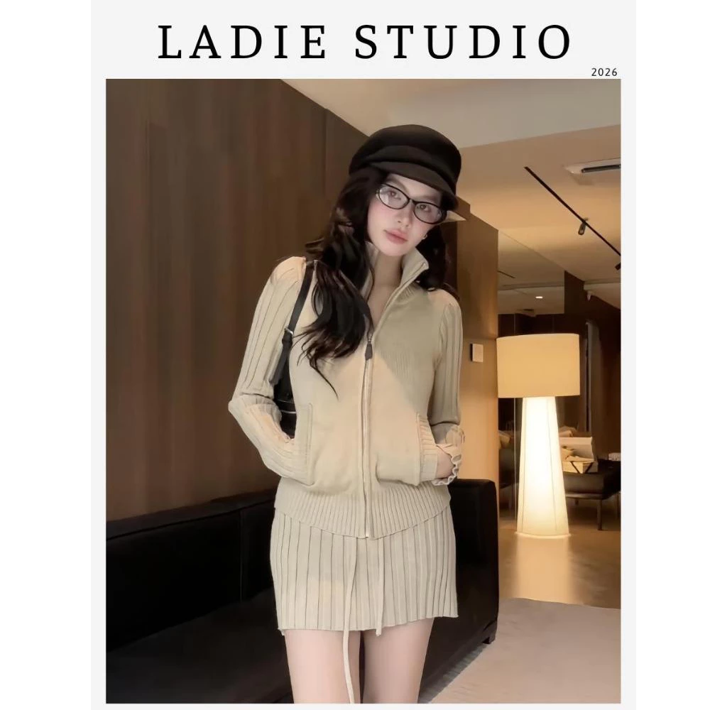 [LADIE STUDIO] Set áo len dệt kim tay dài dây kéo, chân váy ngắn dệt kim SET10