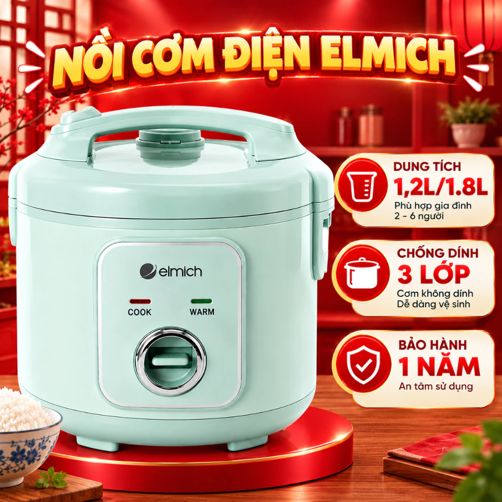 Nồi Cơm Điện ELMICH 1.2L 1.8L Lòng Nồi Chống Dính 3 Lớp, Công Nghệ Ủ Cơm 3D - Bảo Hành 24 Tháng