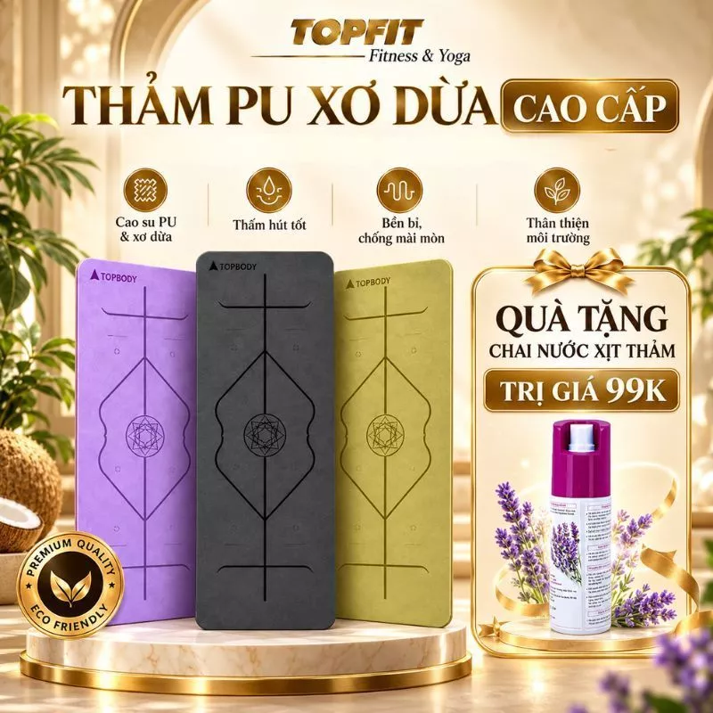 Thảm Tập Yoga PU Cao Su Xơ Dừa TOPBODY Định Tuyến Cao Cấp, Thấm Hút Mồ Hôi, Chống Trơn Trượt THAMT06