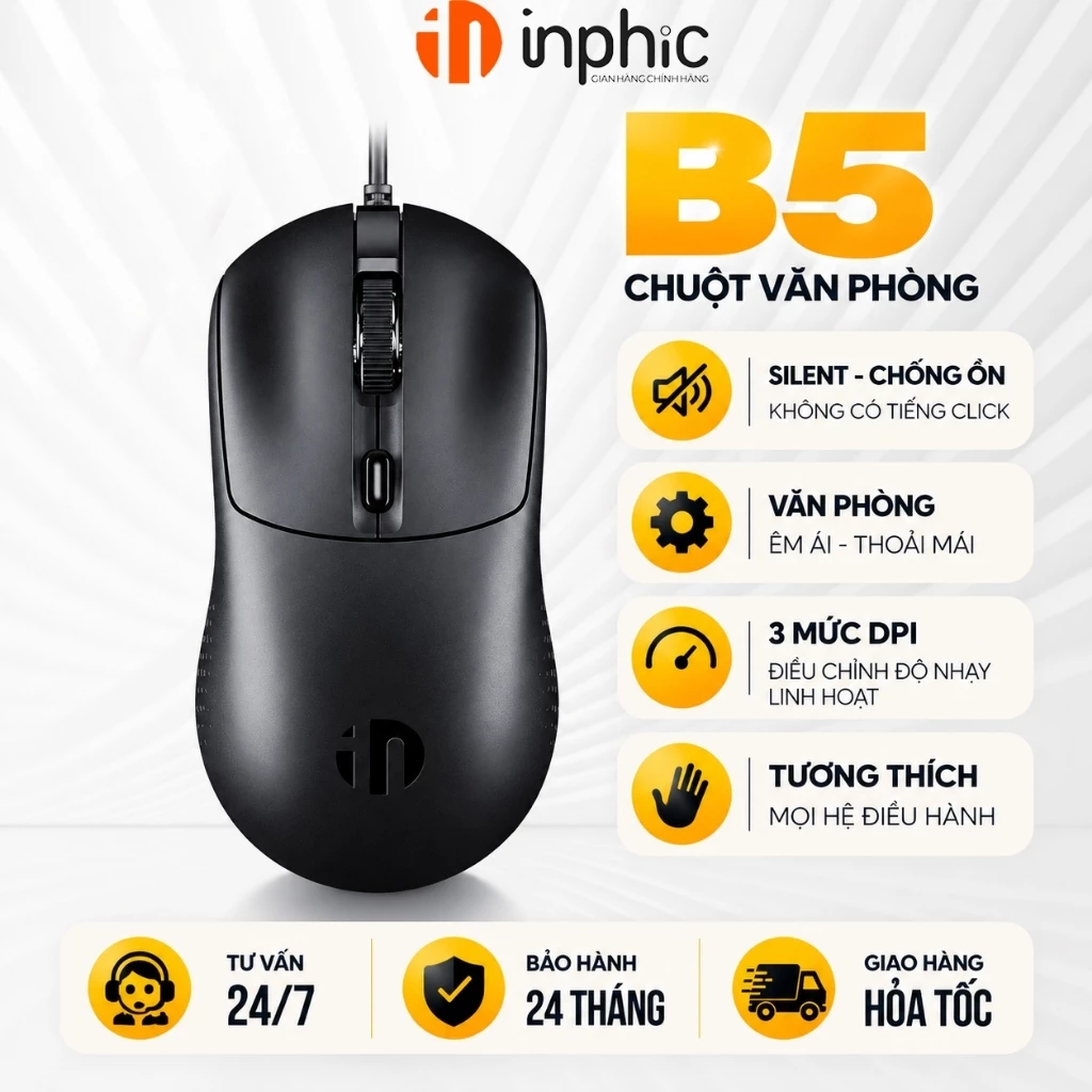 Chuột máy tính có dây văn phòng silent INPHIC B5 gaming tắt âm chống ồn 3 mức DPI chơi game cho PC laptop công thái học