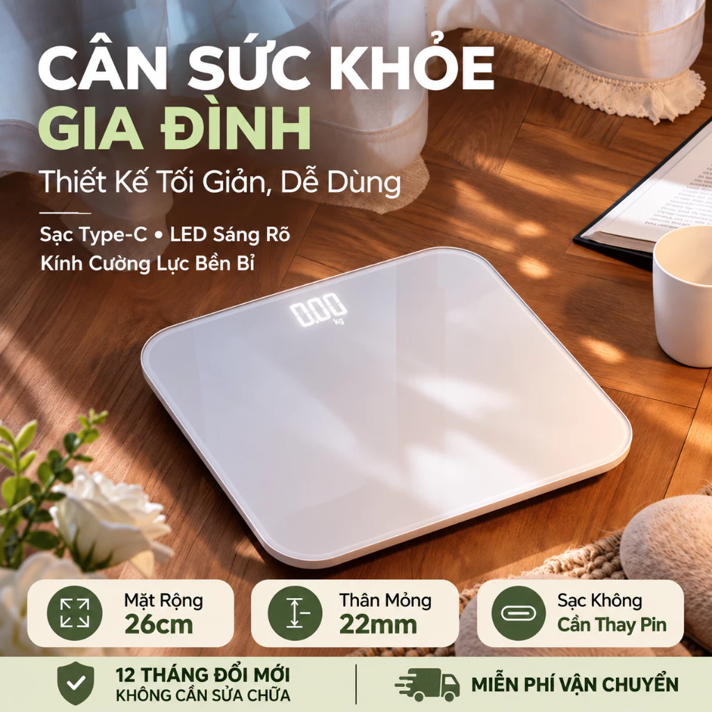 Cân Điện Tử Thông Minh, Cân Sức Khỏe Mặt Kính Cường Lực 4mm, Màn Hình LCD Rõ Nét, Sạc Type-C, Mặt Cân Lớn 26cm, Cảm Biến