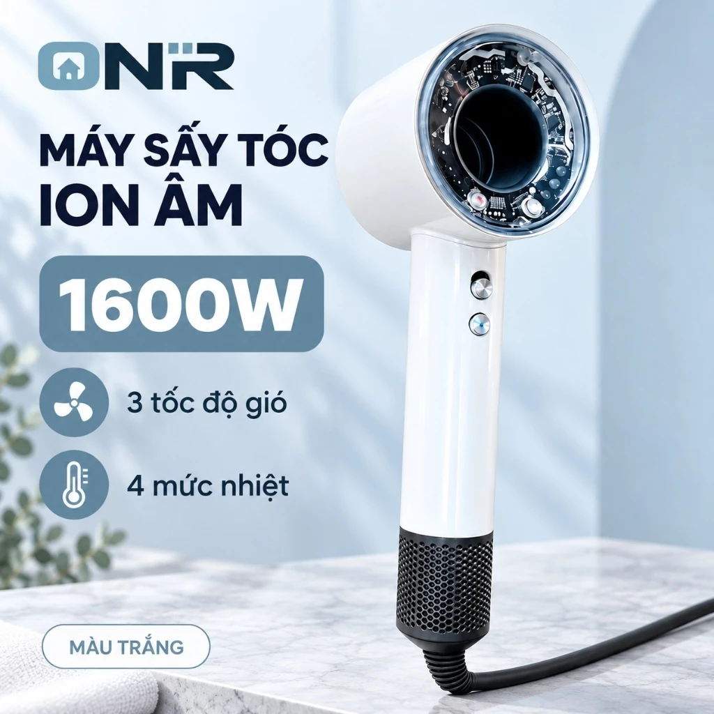 Máy Sấy Tóc ONR Ion Âm 1600W Sấy Nóng Lạnh, 3 Tốc Độ Gió, 4 Mức Nhiệt, Màu Trắng