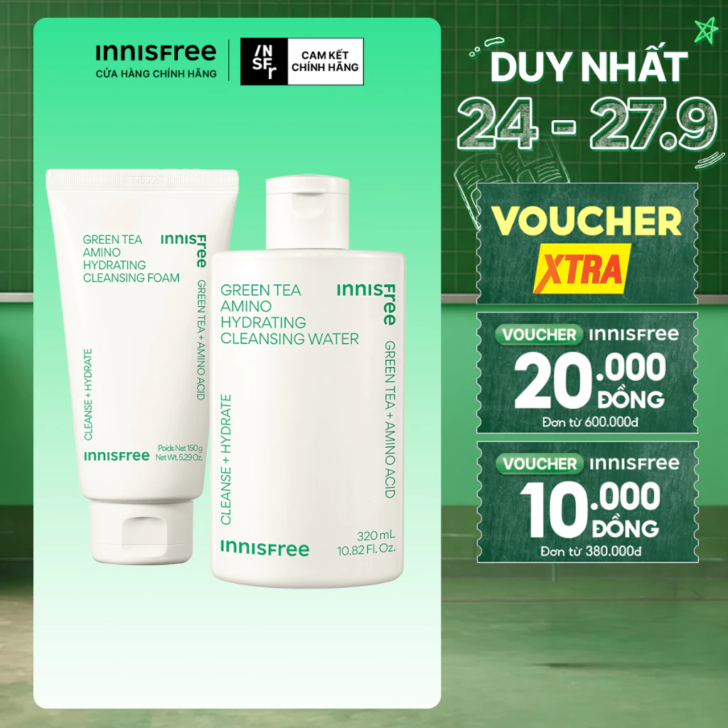 [SVIP] Bộ đôi làm sạch nước tẩy trang dưỡng ẩm Innisfree Green Tea Amino 320ml và Sữa rửa mặt Green Tea Foam 150g