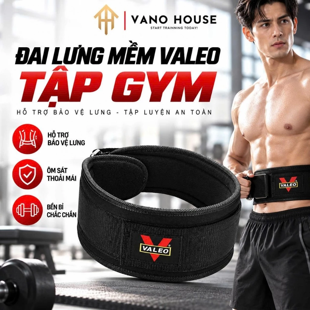 Đai Lưng Mềm Tập Gym Valeo Hỗ Trợ Tập Gym, Deadlift, Phụ Kiện Thể Thao
