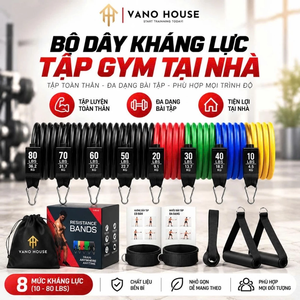 Bộ Dây Kháng Lực Ngũ Sắc VANO HOUSE – Dây Đàn Hồi Cao Cấp Tập Gym, Yoga, Fitness, Thể Thao Tại Nhà