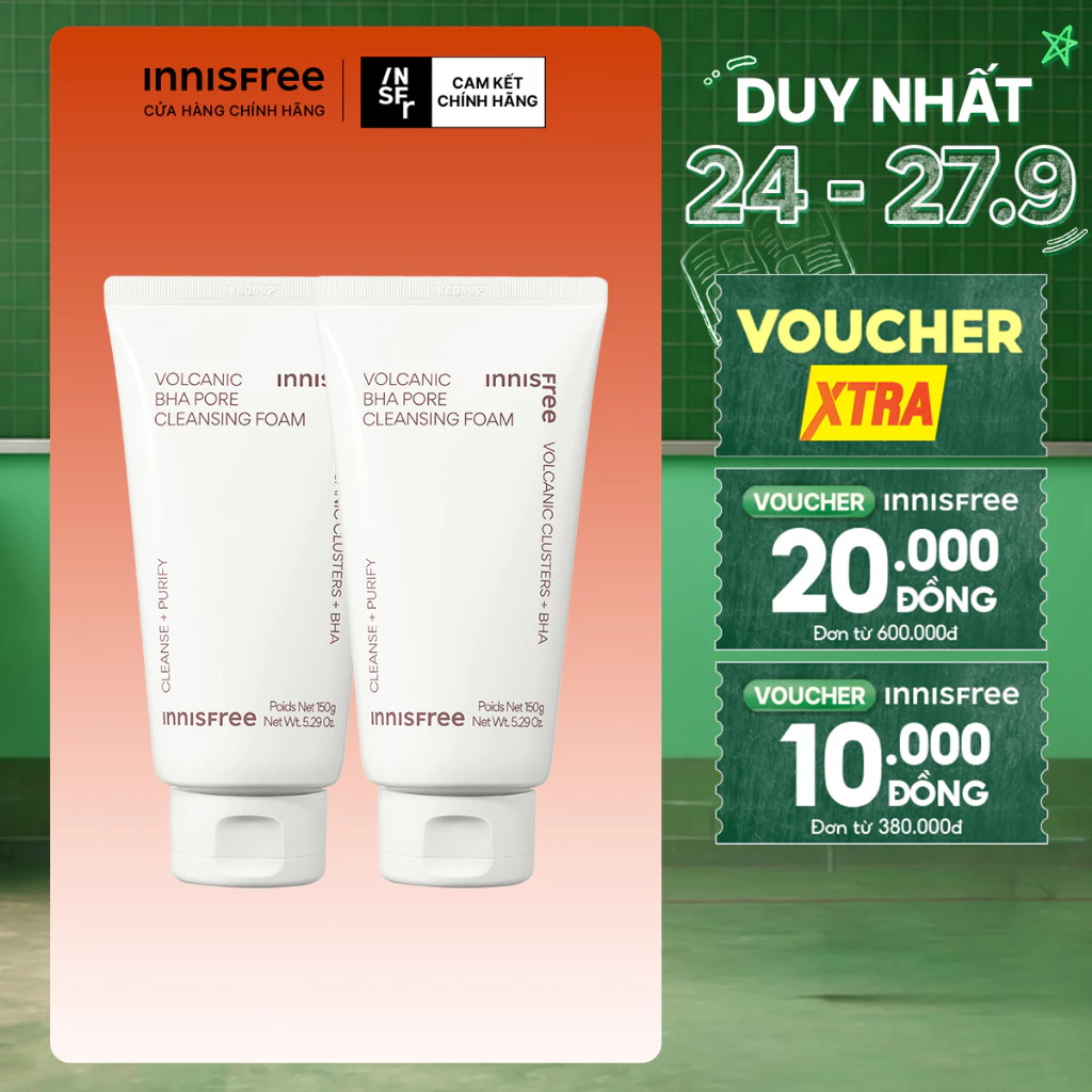 Bộ 2 Sữa rửa mặt se khít lỗ chân lông và giảm dầu nhờn Innisfree Volcanic Pore BHA Cleansing Foam 150g