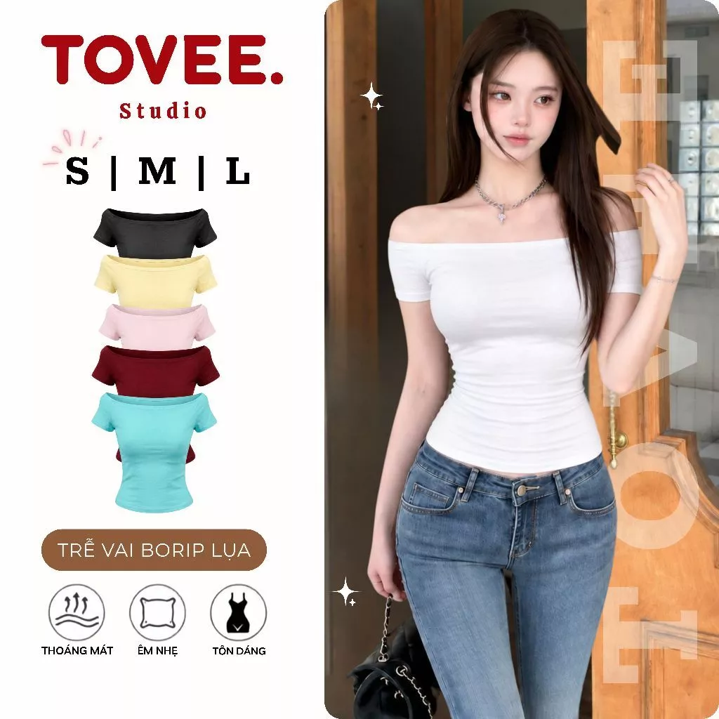 (MÀU MỚI) Áo Thun Tay Ngắn TRỄ VAI Nữ Chất Borip Lụa DD87, Áo Bệt Vai Cộc Tay Kiểu Trơn Ôm Body TOVEE