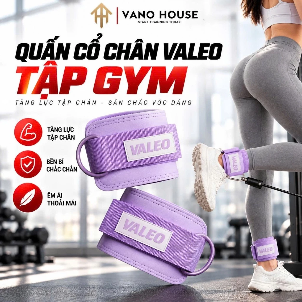 Quấn Cổ Chân Tập Gym VALEO Chất Liệu Da, Tập Chân Mông Với Cáp, Phụ Kiện Tập Gym