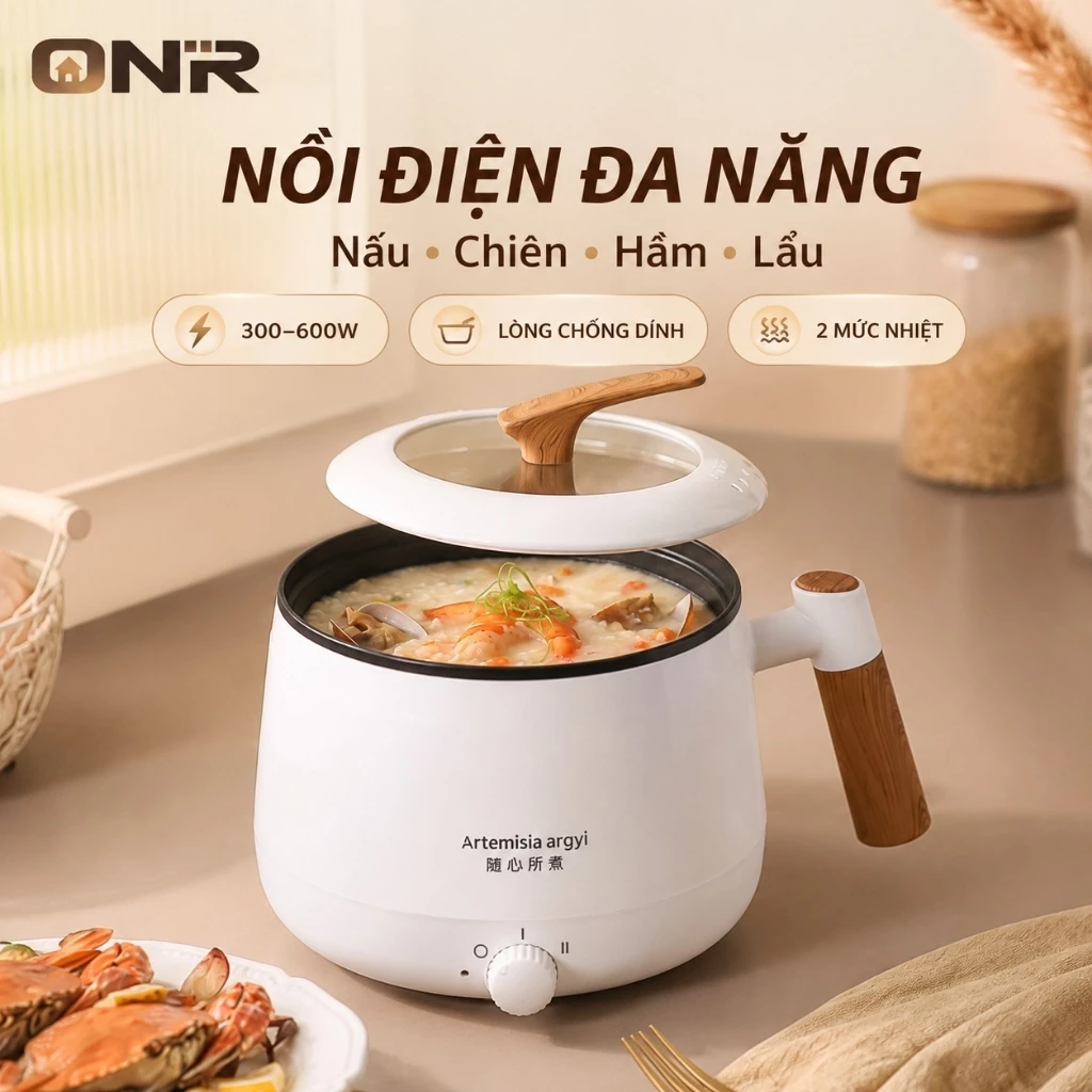 Nồi Điện Đa Năng ONR 600W Chống Dính, 2 Mức Nhiệt, Nồi Lẩu Mini Nấu Mì Có Xửng Hấp