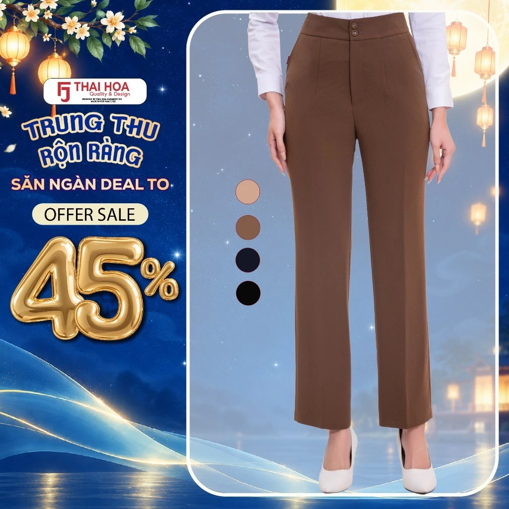 Quần nữ dáng đứng ống suông Thái Hòa 227 vải sợi cà phê cao cấp thiết kế công sở tôn dáng