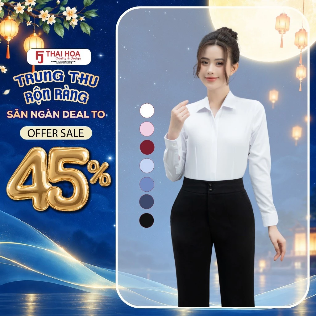 Áo sơ mi nữ công sở 216 dài tay chất liệu cotton phối poly vải trơn nẹp khuy cao cấp Thái Hòa