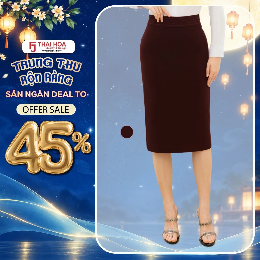 Chân váy bút chì nữ Thái Hòa 264 công sở, chất liệu cao cấp màu đỏ đô dáng công sở thanh lịch