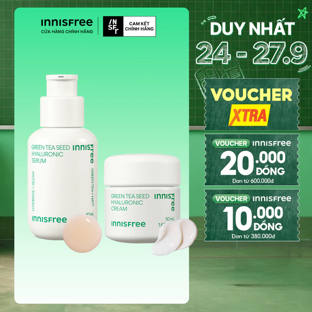 Bộ đôi Serum Trà Xanh INNISFREE cấp ẩm sâu, phục hồi da với Probiotics 80mL và Kem dưỡng ẩm trà xanh 50ml