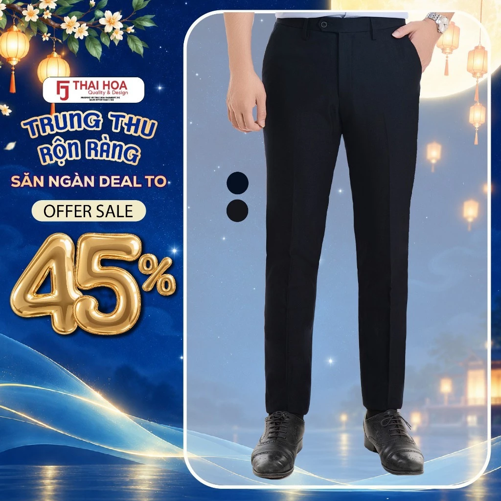 Quần tây nam 898 dáng dài Thái Hòa chất liệu cotton vải trơn 1 cúc đen, gấu chờ