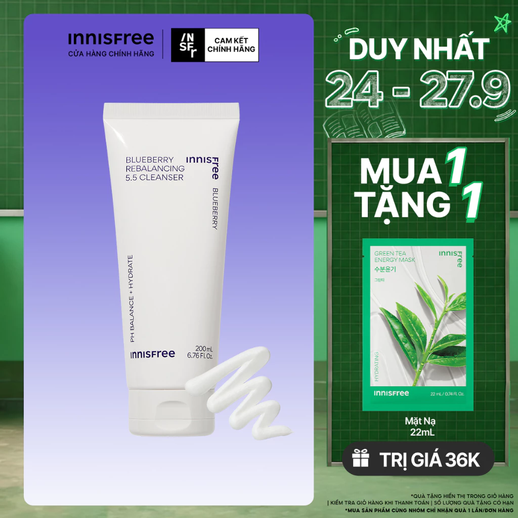Sữa rửa mặt Blueberry làm sạch, cân bằng dầu và độ ẩm innisfree Blueberry Rebalancing 5.5 Cleanser