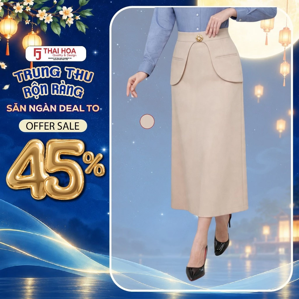 Chân váy nữ xòe 293 dáng dài Thái Hòa chất liệu cao cấp thiết kế dáng công sở cạp cách điệu tôn dáng
