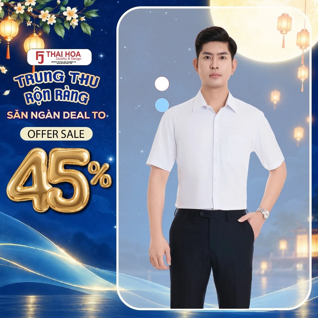 Áo sơ mi nam tay ngắn 990 Thái Hòa chất liệu sợi tre vải trơn thiết kế công sở thanh lịch
