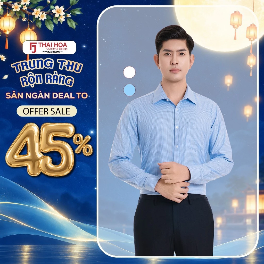 Áo sơ mi nam dài tay Thái Hòa 994 chất liệu cotton kẻ nhuyễn màu xanh trắng thanh lịch