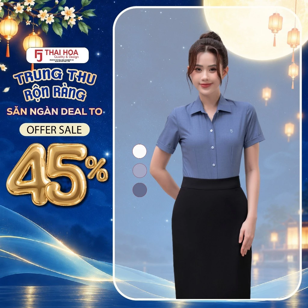 Áo sơ mi nữ tay ngắn Thái Hòa 267 chất liệu sợi tre cao cấp, thiết kế chiết eo, bản nẹp khuy