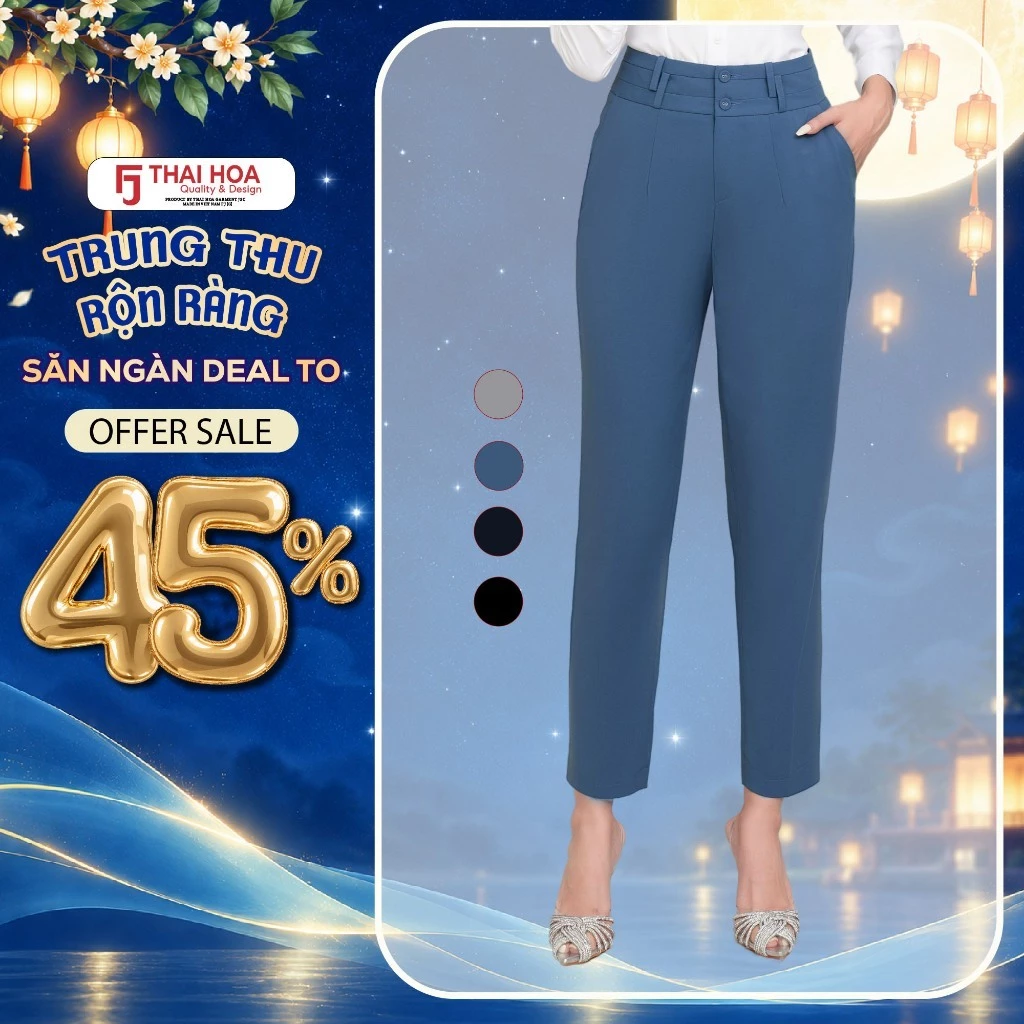 Quần baggy nữ cạp cao Thái Hòa 215 chất liệu sợi gỗ sồi cao cấp thiết kế thanh lịch