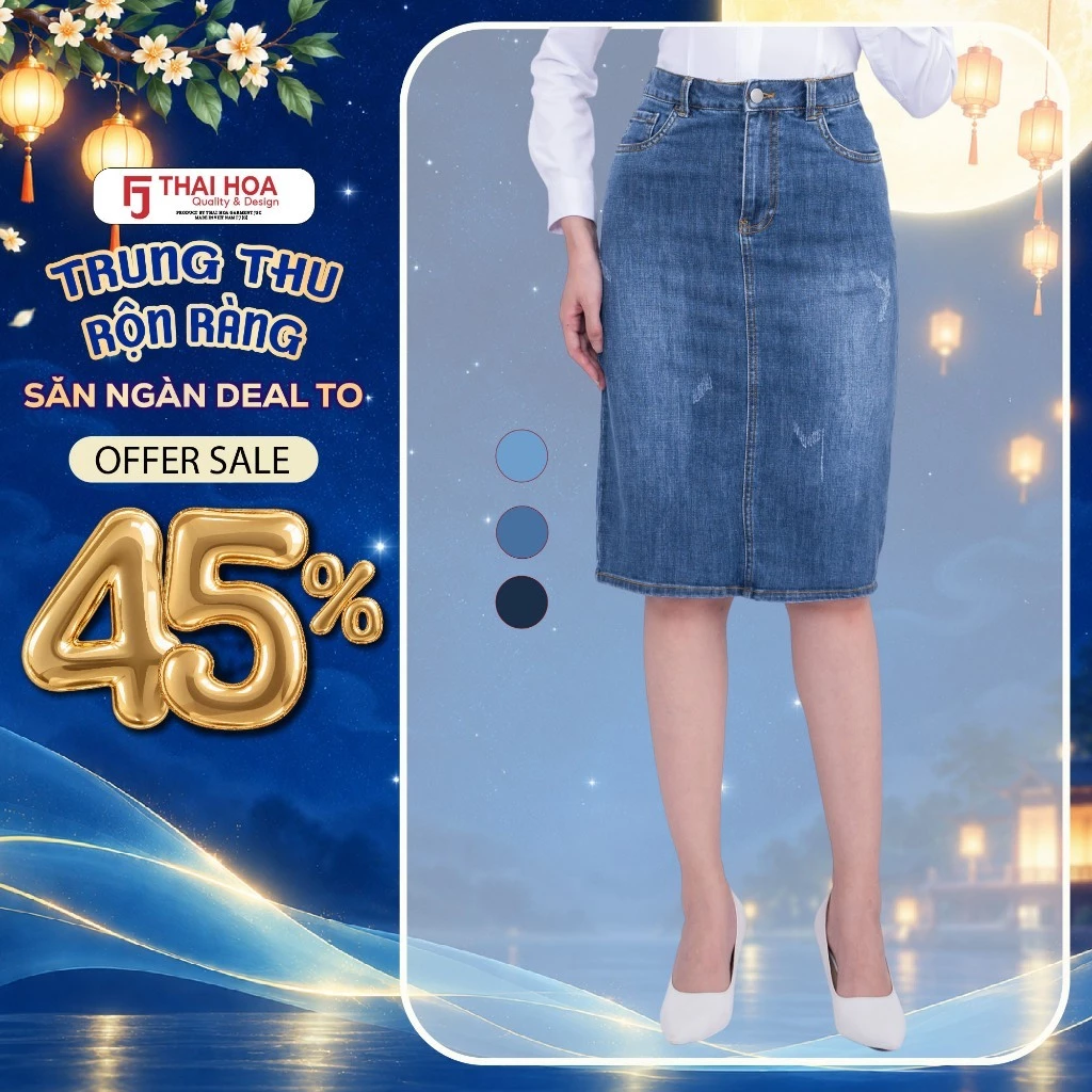 Chân váy nữ 23CJW-100 Thái Hòa chất liệu jean cao cấp, thiết kế tôn dáng thu hút