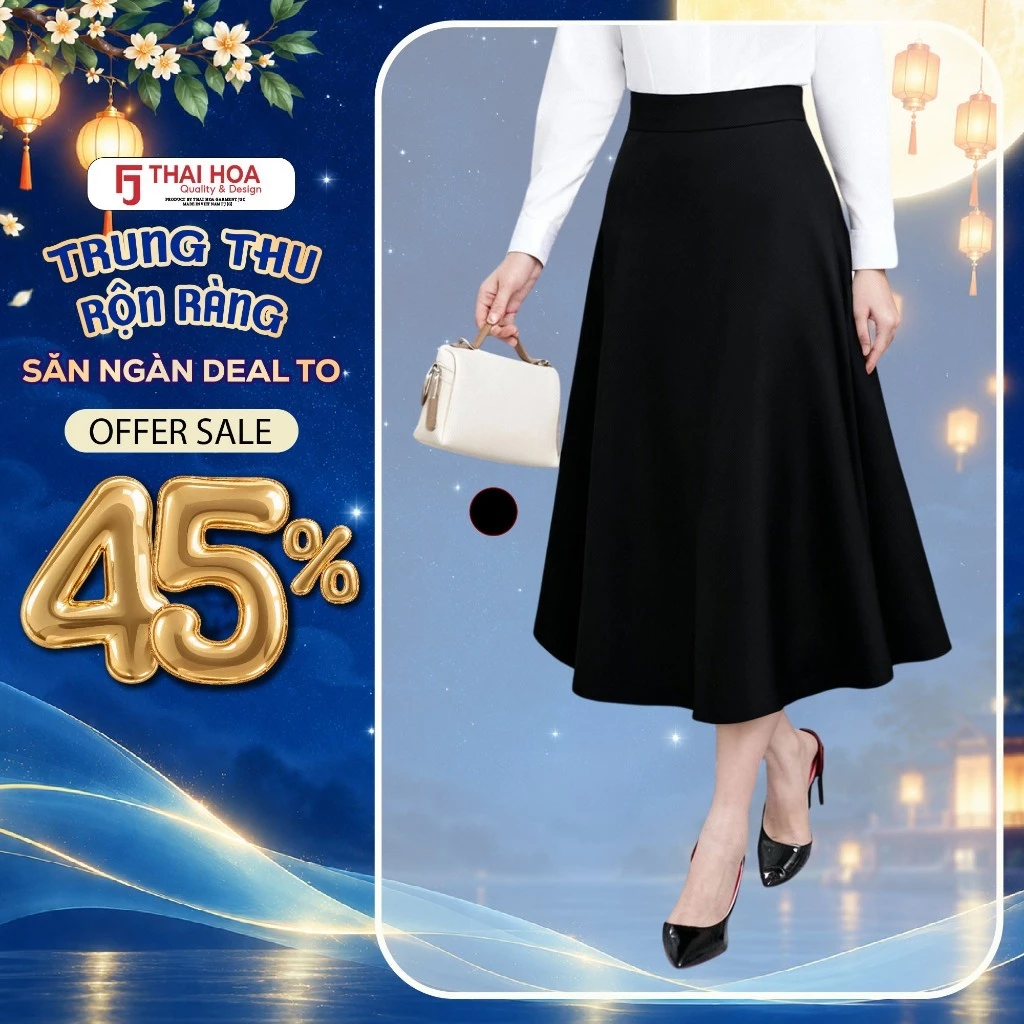 Chân váy nữ xòe 291 chất liệu cotton vải trơn thiết kế cạp cao form dáng thanh lịch Thái Hòa