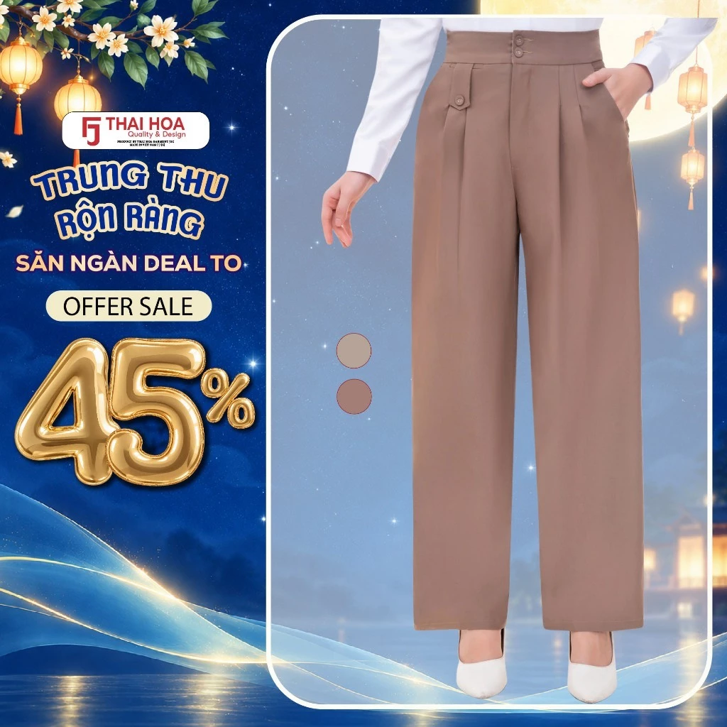 Quần suông nữ 245 Thái Hòa, chất liệu sợi dừa cao cấp, thiết kế 2 cúc tôn dáng