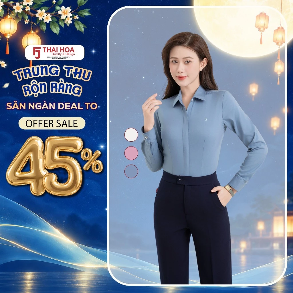 Áo sơ mi nữ công sở 285 dài tay chất liệu Mugwort (Ngải cứu) vải vân chìm nẹp khuy form ôm Thái Hòa