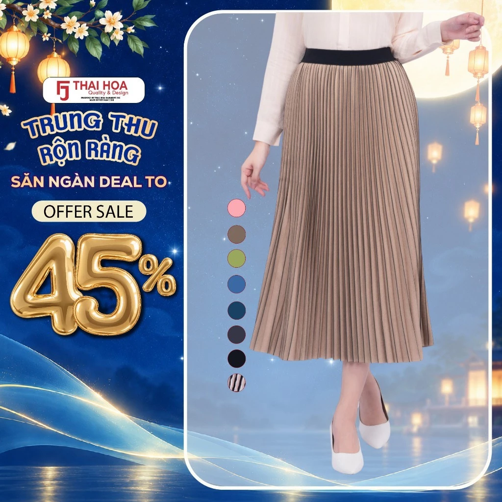 Chân váy dài nữ CVW1826-C01 kiểu xếp ly Thái Hòa, free size dài 82cm, phong cách thanh lịch thời trang