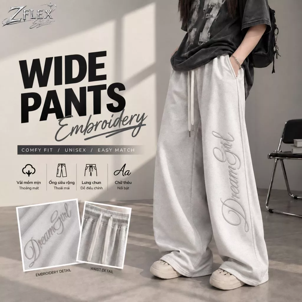 Quần Nỉ Form Rộng UNISEX Thêu DREAM GIRL ZFLEX QZG35