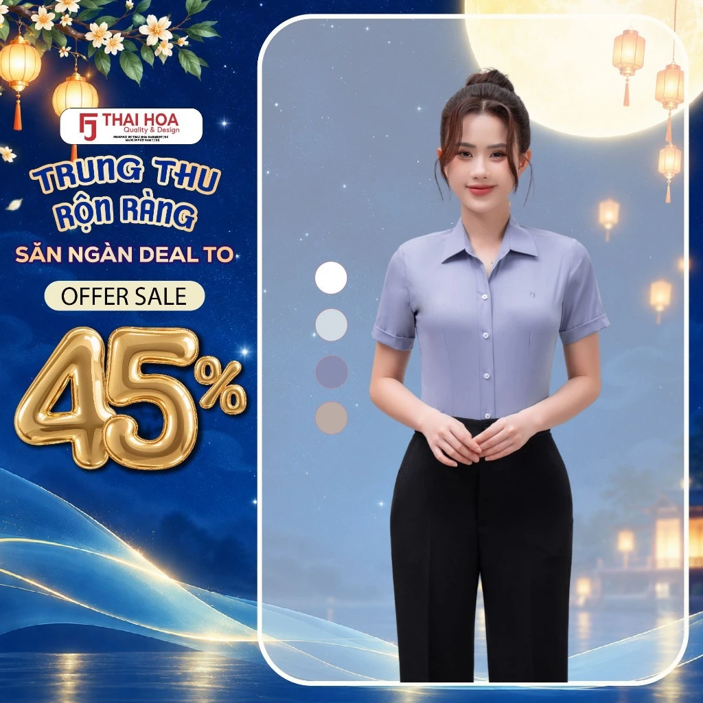 Áo sơ mi nữ tay ngắn Thái Hòa 265 chất liệu cotton phối viscose, họa tiết dệt chìm thanh lịch