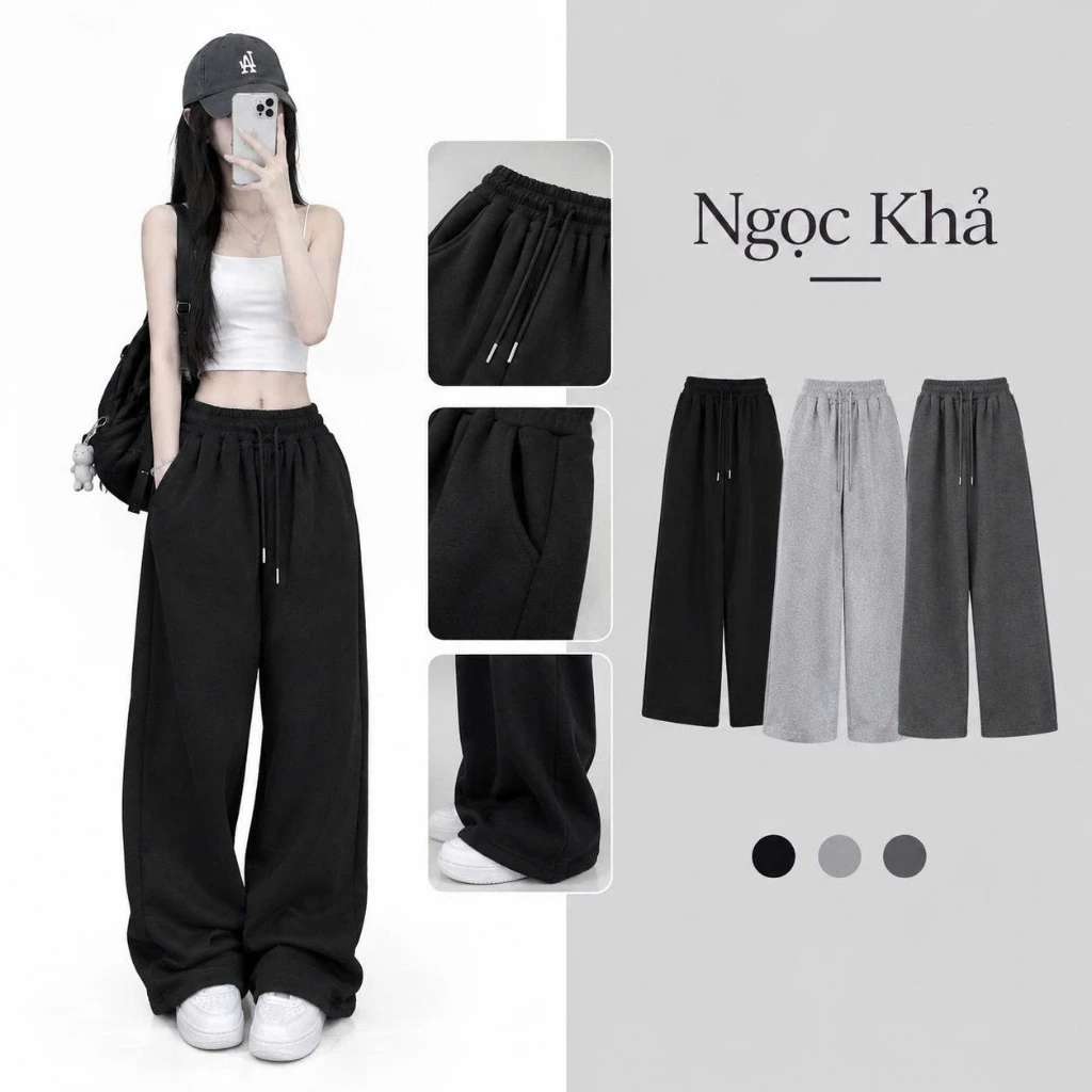 Quần Nỉ Nữ Form Rộng Ống Suông Cạp Chun Có Dây Rút Thời Trang Nữ Cá Tính