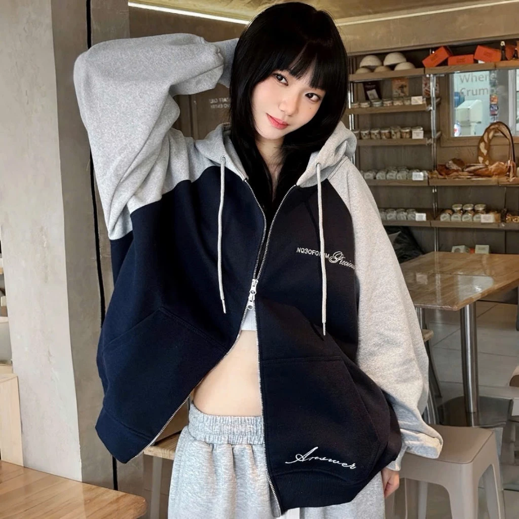 Áo Khoác Hoodie Zip Nỉ Bông Phối Màu PRECIOUS Form Rộng Nam Nữ Unisex 2 Màu Xanh Than Và Xám Tiêu (Không xù lông)