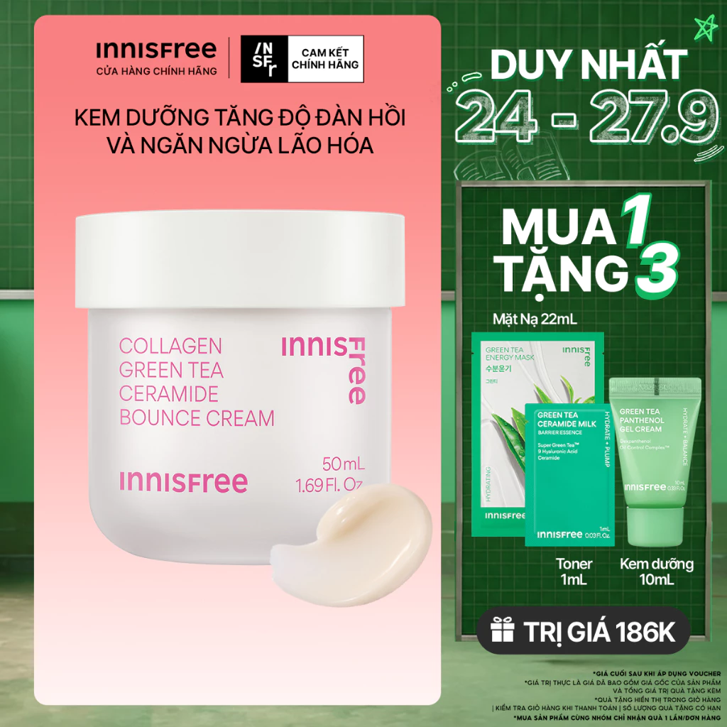 Kem dưỡng giúp làm mờ các dấu hiệu lão hóa trên da INNISFREE Collagen Green Tea Ceramide Bounce Cream 50mL