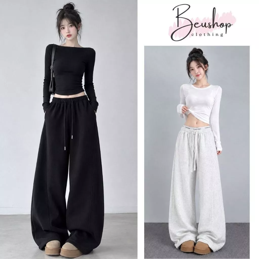 Quần Nỉ Da Cá 2 Lớp Nữ Xám Đen Cạp Chun Dây Rút BIGSIZE Quần Nỉ Unisex Suông Ống Rộng Nỉ 2Da BEU