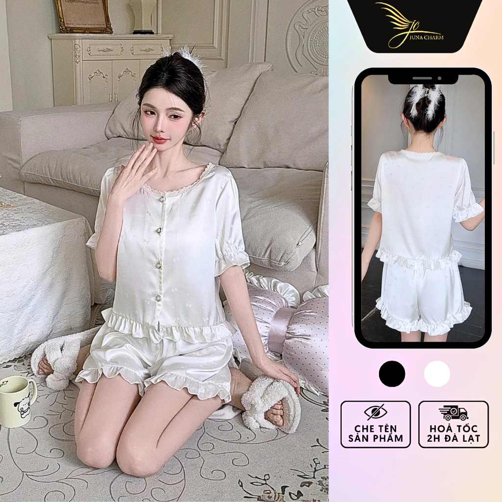 Bộ Pijama Mặc Nhà, Đồ Bộ Đùi Cổ Tròn JUNA Freesize Thời Trang Đồ Ngủ Dành Cho Nữ, Chất Lụa Gấm, Màu Trắng Kem/SP67222