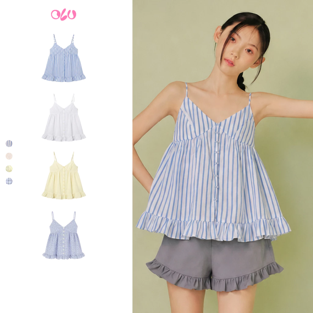 Áo OLV 2 dây cổ V trẻ trung dễ phối Ruffled Buttoned Cami Top phù hợp đi chơi