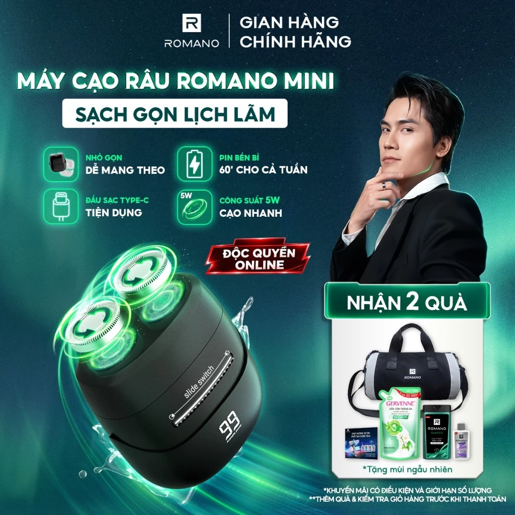 Máy cạo râu Romano lưỡi cắt từ tính, công suất mạnh mẽ 5W, chống nước IPX6 - Lịch lãm trong 1 phút
