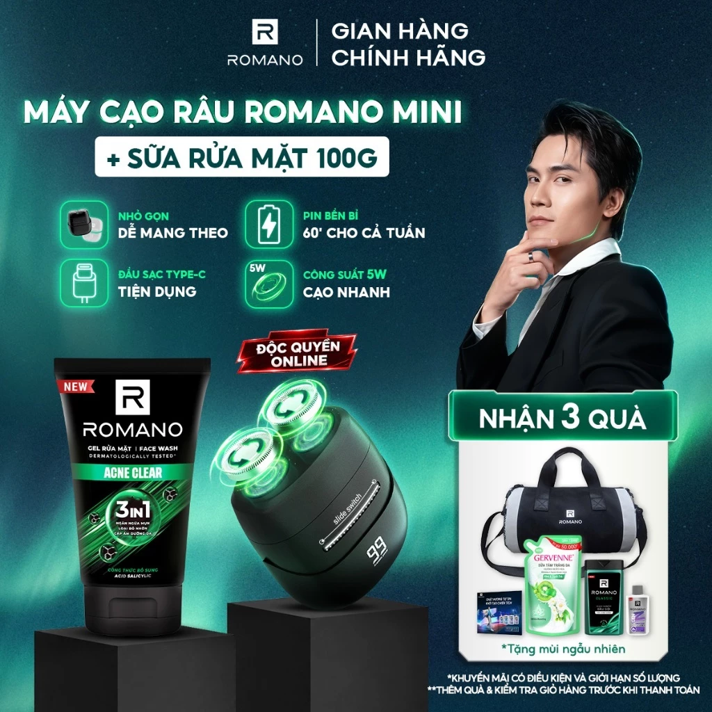 COMBO Máy Cạo Râu Mini Cao Cấp Romano Và Sữa rửa mặt 100g/ Bọt Cạo Râu 175ml/ Tắm gội 650g/ Xịt khử mùi GenZ 196ml