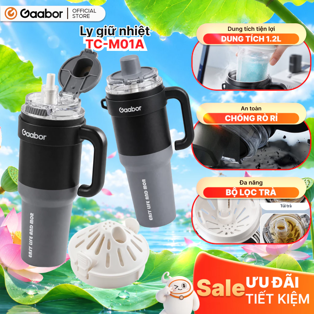 Ly giữ nhiệt Gaabor TC-M01A 1250ml đáy inox 316 thân inox 304 dung tích lớn giữ nhiệt nóng lạnh lưới lọc trà chống rò rỉ