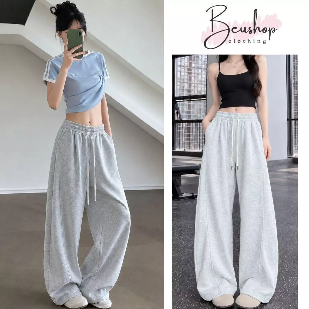 Quần Nỉ 2Da Ống Cong Nữ Cạp Chun Dây Rút Quần Nỉ Thu Đông Unisex Ôm Eo Phong Cách Năng Động Cá Tính