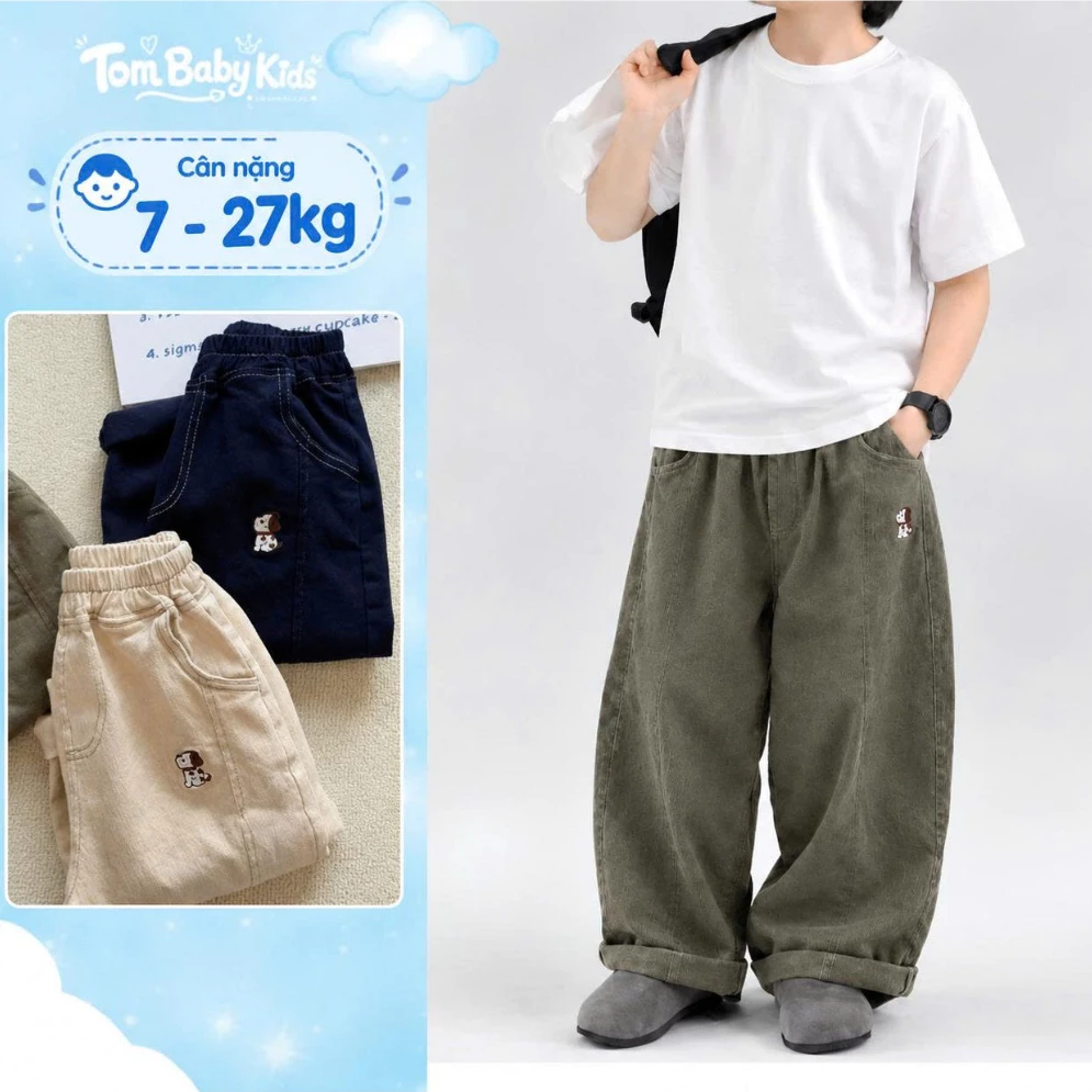 Quần nhí kaki dáng cong, quần bé trai ống suông dài thêu hình con cún cho bé đi học, đi chơi 7-27kg Tom Baby Kids