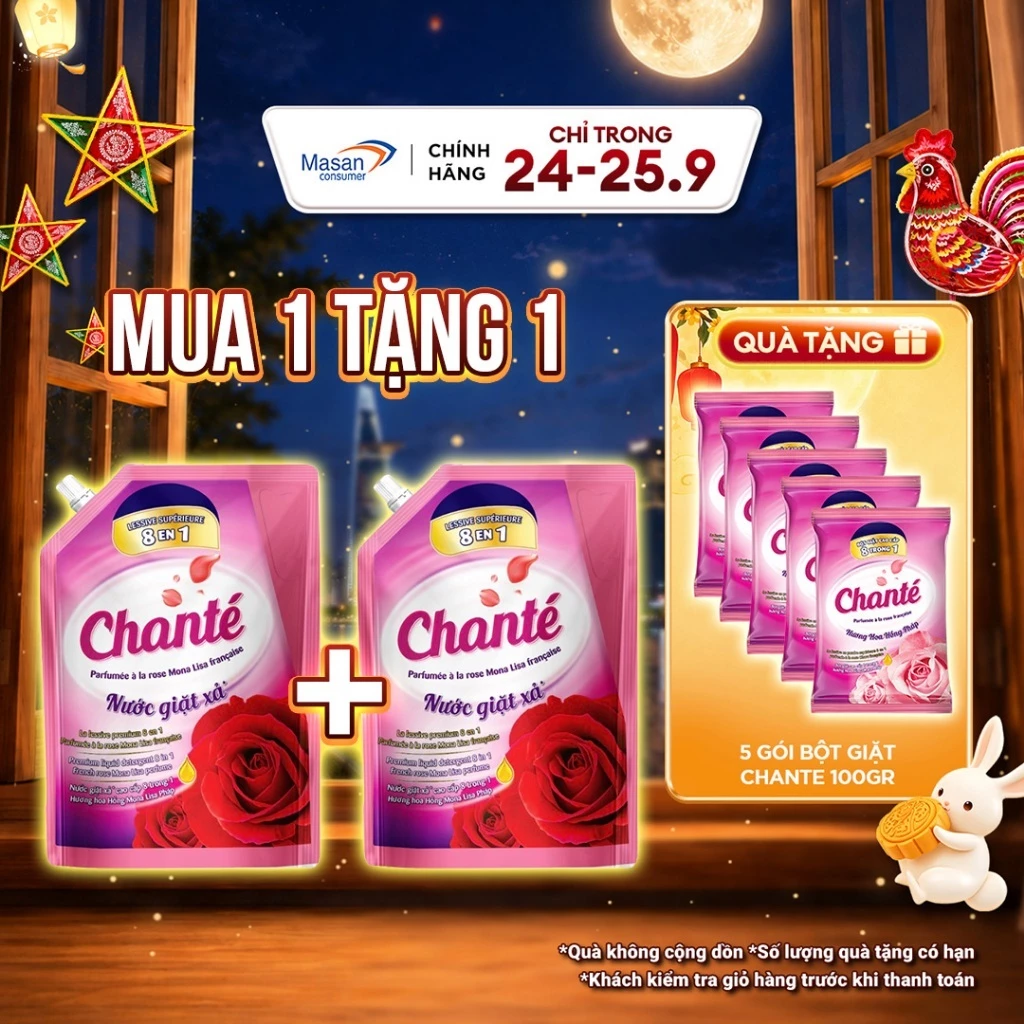 [KOL- Masan] Combo 2 Nước giặt xả cao cấp 8 trong 1 Chanté hoa hồng Pháp túi