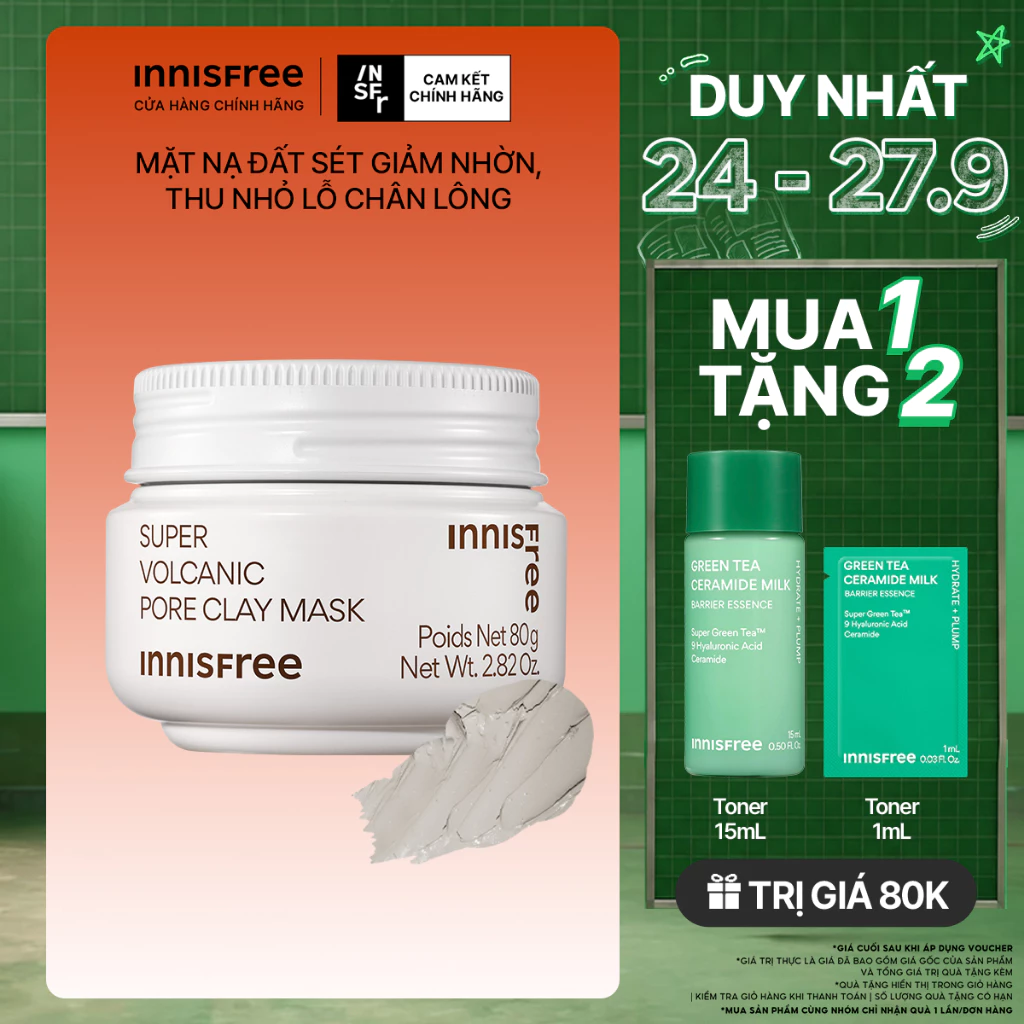 Siêu mặt nạ đất sét tro núi lửa giảm nhờn, thu nhỏ lỗ chân lông INNISFREE Super Volcanic Pore Clay Mask 80G