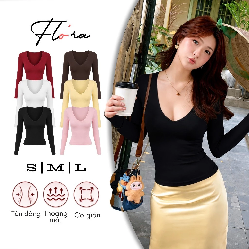 [MỞ BÁN] Áo Thun Nữ Tay Dài Cổ Tim Khoét Sâu Ôm Body DD145 Chất Thun Borip Lụa Mềm Mịn, Co Giãn 4 Chiều Flo'ra